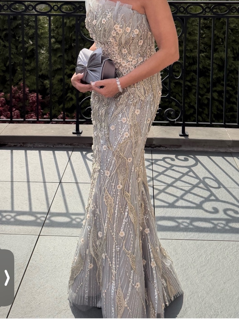 Terani Couture 242GL3248 Silver Beaded Strapless Gown with Floral Appliqué